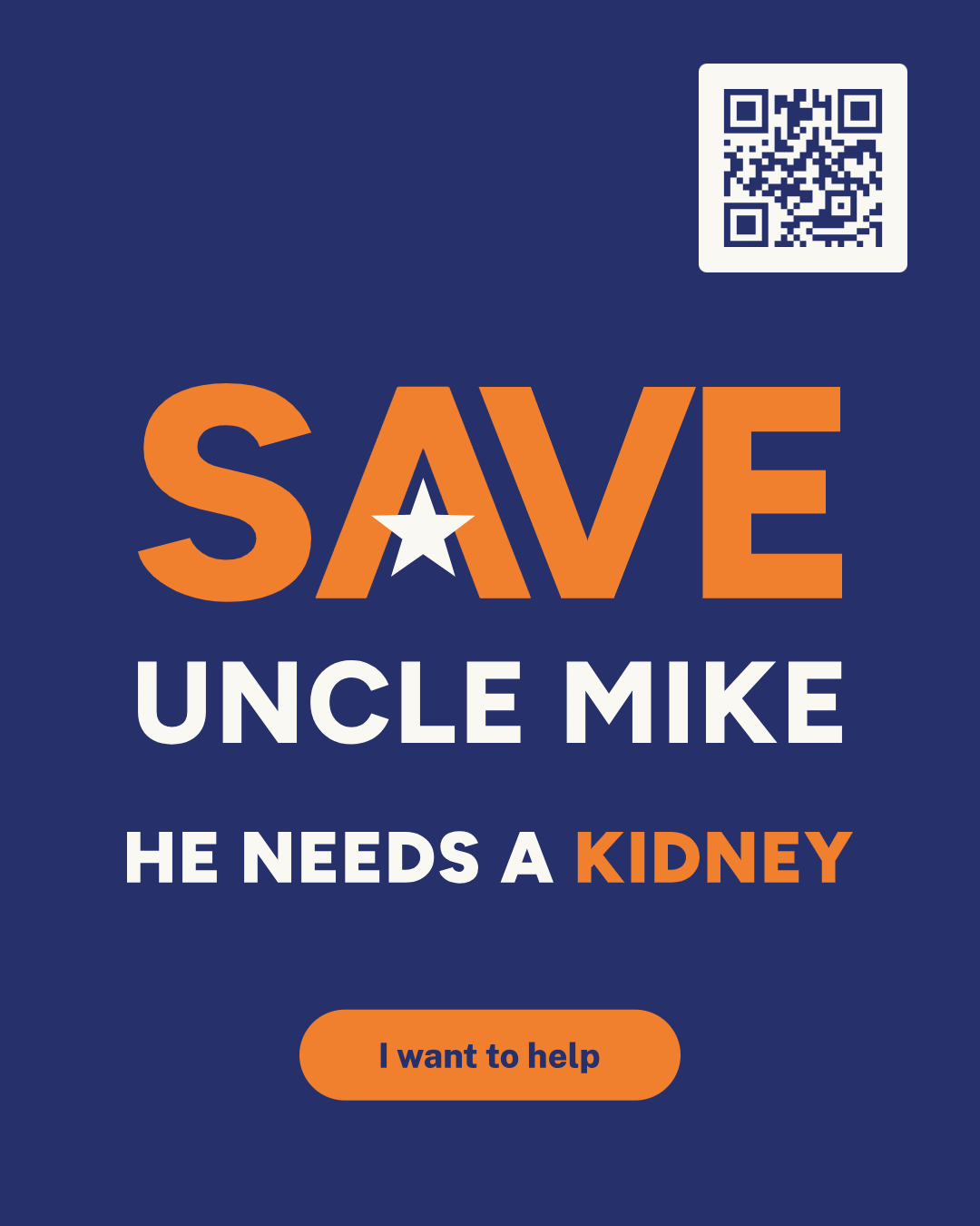 Social post: the star mark, HE NEEDS A KIDNEY, a QR code and an I want to help button